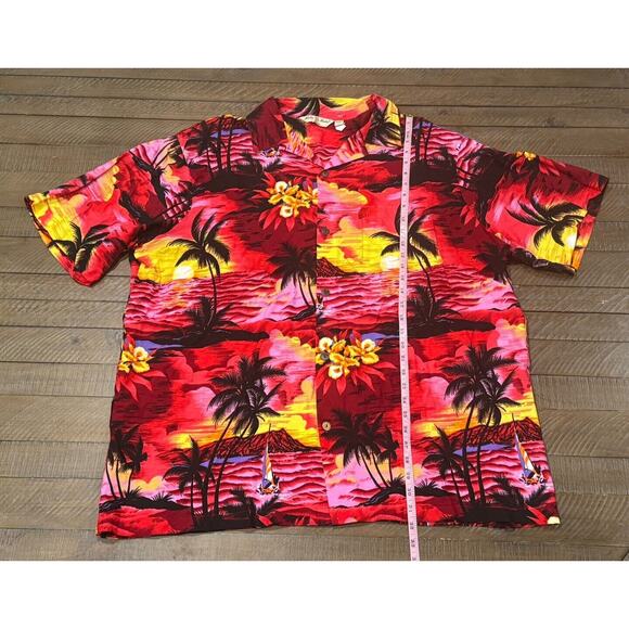 Hula Hula Hawaiian Shirt Fuchsia Black/Red/Yellow Palm Trees Tropical Rayon- 2XL - Picture 6 of 7